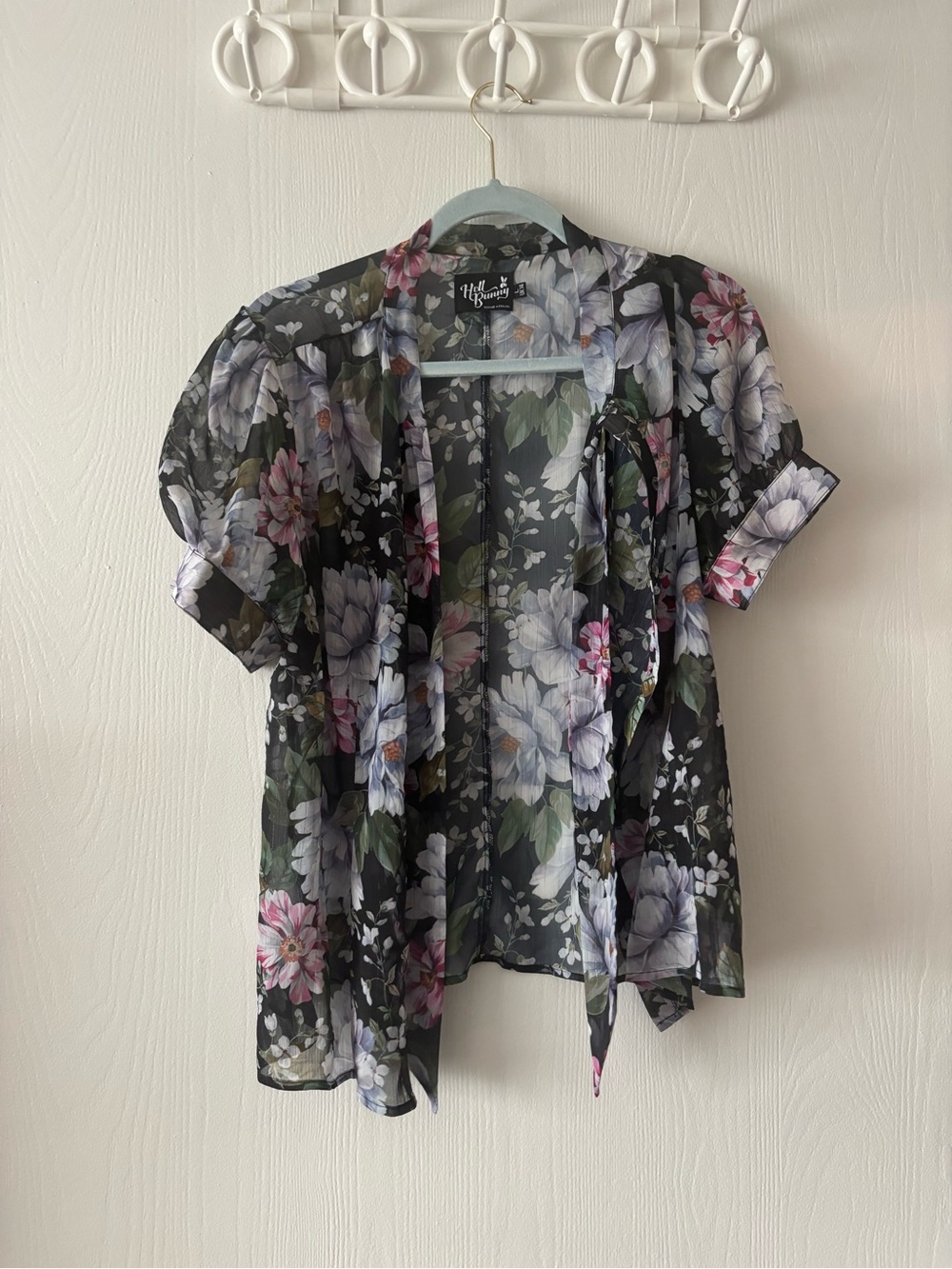 Hell Bunny Black Sheer Floral Tie-Front Blouse